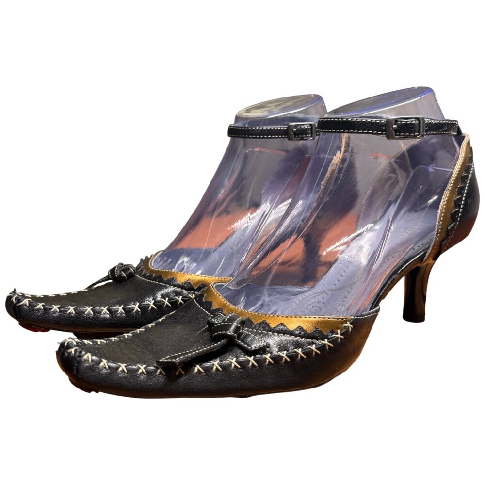 INDIGO by CLARKS Women's 8M Black Leather Slingback Heels Ankle Strap Pumps - Picture 2 of 13